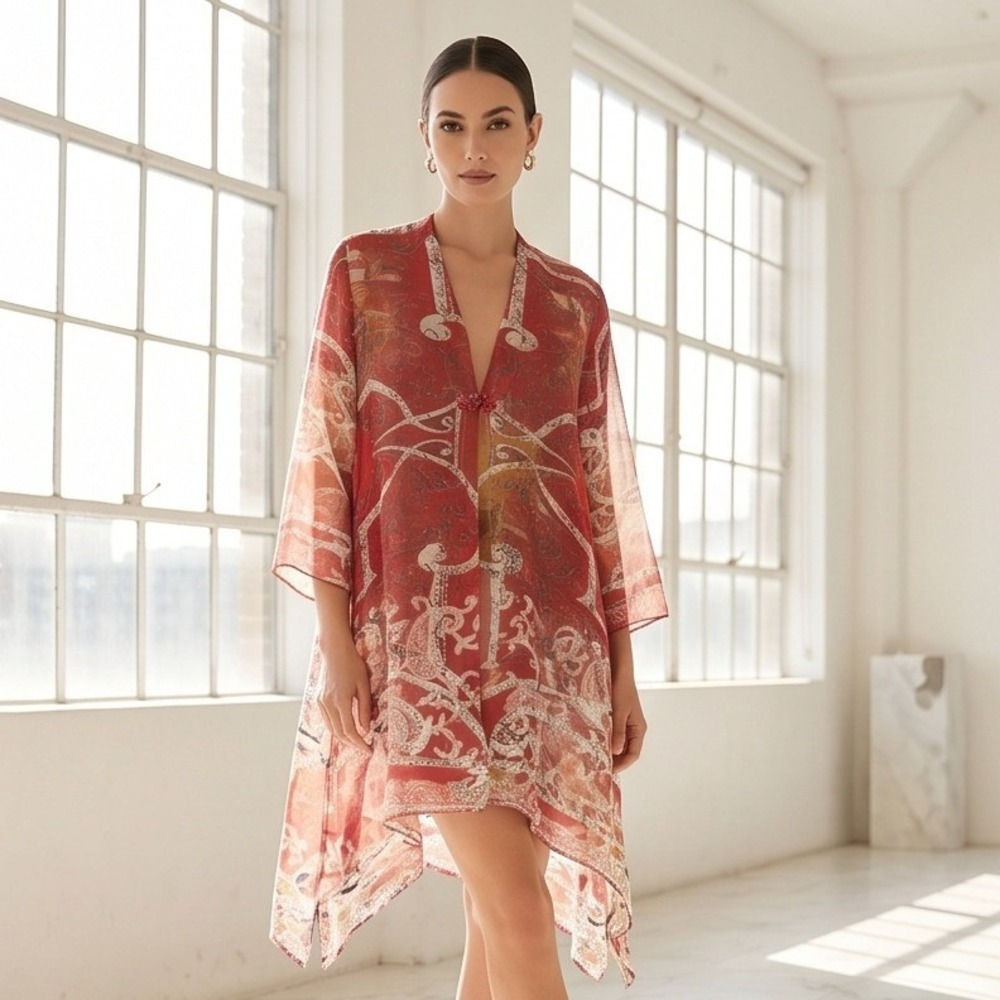 Citron Santa Monica L Silk Blend Red Paisley Frog Closure Kimono Tunic Top Large